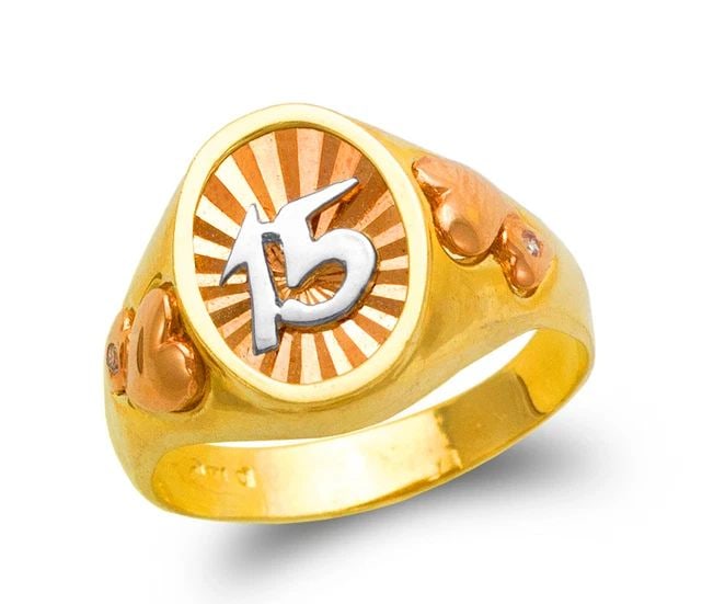 NEW 14K TRICOLOR GOLD LADIES 15 ANOS FILIGREE RING: NEW 14K TRICOLOR GOLD LADIES 15 ANOS FILIGREE RING LADIES 15 ANOS FILIGREE RING NEW 14K TRICOLOR GOLD SIZE Apx: 14mm Apx. WEIGHT: 5.4g