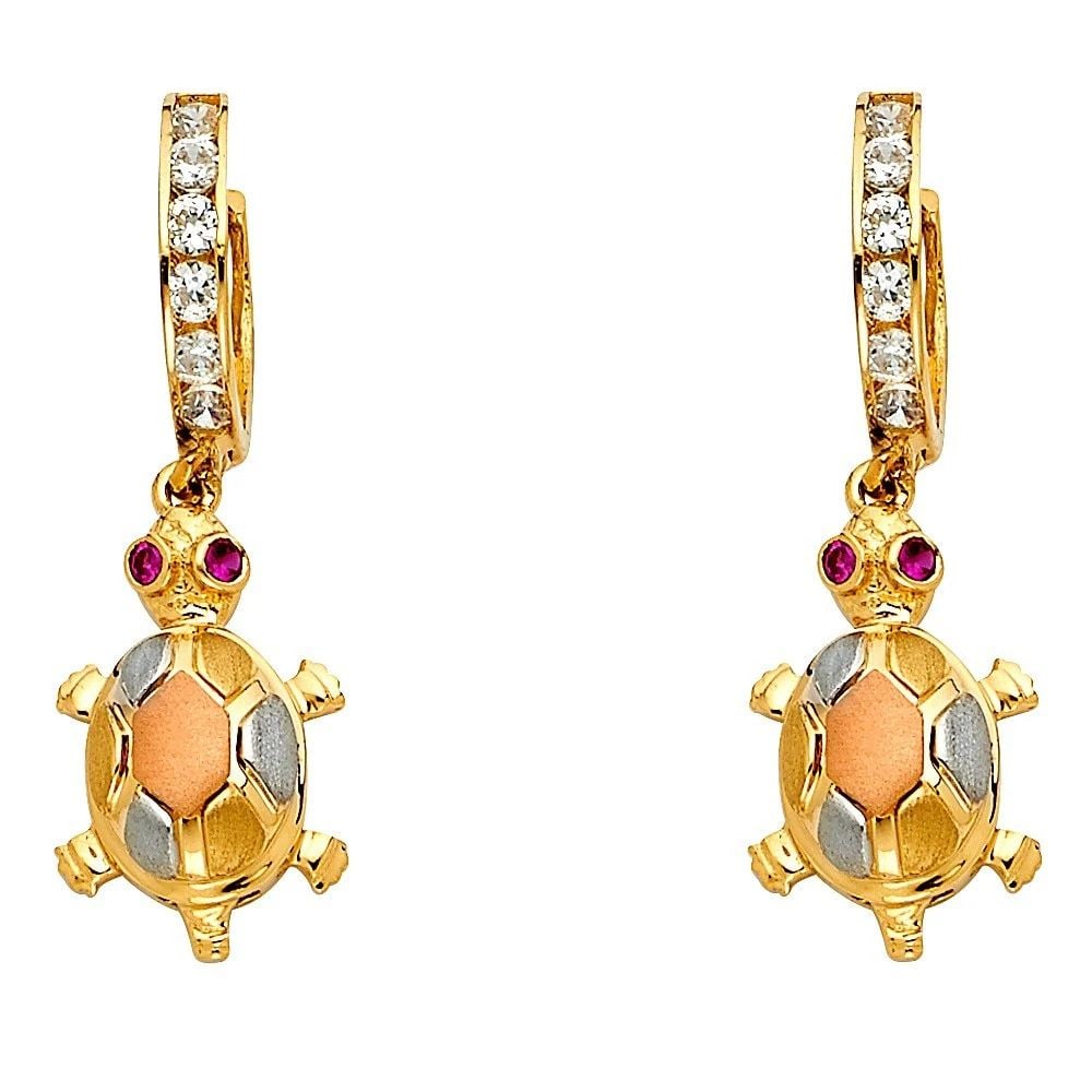 NEW 14K TRI COLOR GOLD DANGLE HUGGIES EARRINGS: NEW 14K TRI COLOR GOLD DANGLE HUGGIES EARRINGS DANGLE HUGGIES EARRINGS NEW 14K TRI COLOR GOLD HEIGHT - 33 mm WIDTH - 10 mm Apx WEIGHT - 4.1 g