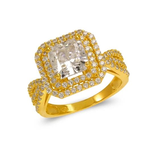 NEW 14K YELLOW GOLD LADIES FANCY PRINCESS CUT SOLITAIRE DOUBLE HALO RING (1 of 2)