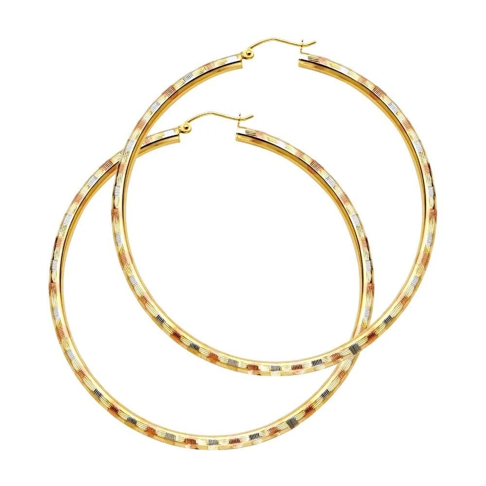 NEW 14K TRI COLOR GOLD 3MM DC HOOP EARRINGS: NEW 14K TRI COLOR GOLD 3MM DC HOOP EARRINGS 3MM DC HOOP EARRINGS NEW 14K TRI COLOR GOLD HEIGHT - 55 mm WIDTH - 55 mm Apx WEIGHT - 4 g