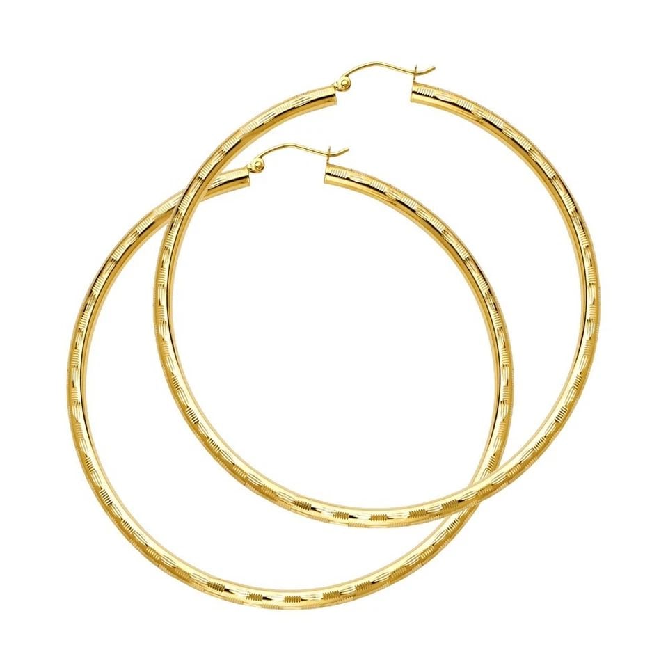 NEW 14K YELLOW GOLD 3MM DC HOOP EARRINGS: NEW 14K YELLOW GOLD 3MM DC HOOP EARRINGS 3MM DC HOOP EARRINGS NEW 14K YELLOW GOLD HEIGHT - 55 mm WIDTH - 55 mm Apx WEIGHT - 4 g
