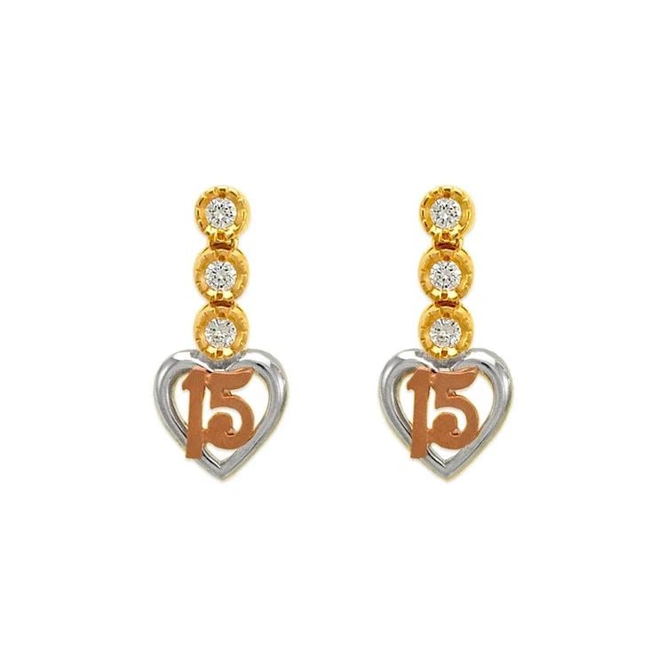 NEW 14K TRICOLOR GOLD FANCY 15 ANOS DROP EARRINGS: NEW 14K TRICOLOR GOLD FANCY 15 ANOS DROP EARRINGS FANCY 15 ANOS DROP EARRINGS NEW 14K TRICOLOR GOLD Width: Approx. 11x24mm Apx WEIGHT: 5.2g