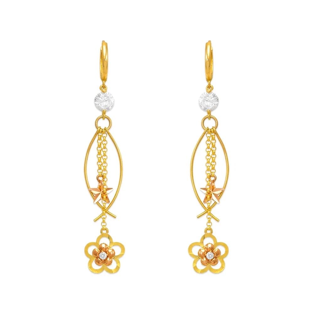 NEW 14K TWO TONE GOLD FANCY FLOWER DROP EARRINGS: NEW 14K TWO TONE GOLD FANCY FLOWER DROP EARRINGS FANCY FLOWER DROP EARRINGS NEW 14K TWO TONE GOLD Width: Approx. 12x61mm Apx WEIGHT: 5.2g