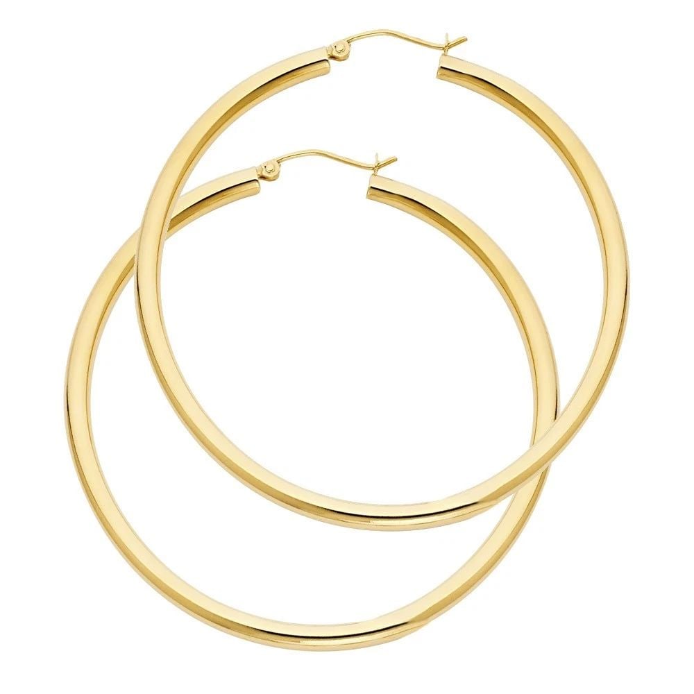 NEW 14K YELLOW GOLD 3MM PLAIN HOOP EARRINGS: NEW 14K YELLOW GOLD 3MM PLAIN HOOP EARRINGS 3MM PLAIN HOOP EARRINGS NEW 14K YELLOW GOLD HEIGHT - 55 mm WIDTH - 55 mm Apx WEIGHT - 3.9 g