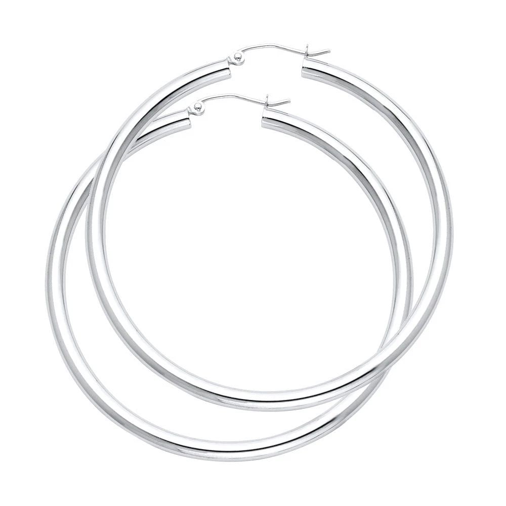 NEW 14K WHITE GOLD 3MM PLAIN HOOP EARRINGS: NEW 14K WHITE GOLD 3MM PLAIN HOOP EARRINGS 3MM PLAIN HOOP EARRINGS NEW 14K WHITE GOLD Height : 55 mm Width : 55 mm Weight : 3.9g