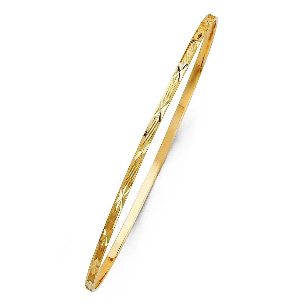 NEW 14K YELLOW GOLD 2MM SOLID BANGLE: NEW 14K YELLOW GOLD 2MM SOLID BANGLE 2MM SOLID BANGLE NEW 14K YELLOW GOLD LENGTH - 7in Apx WEIGHT - 3.7g