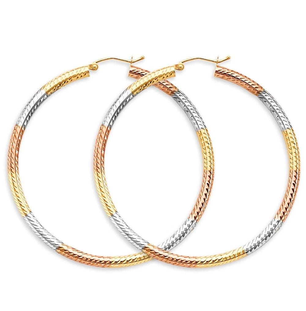 NEW 14K TRI COLOR GOLD 3MM TUBE DC HOOP EARRINGS: NEW 14K TRI COLOR GOLD 3MM TUBE DC HOOP EARRINGS 3MM TUBE DC HOOP EARRINGS NEW 14K TRI COLOR GOLD HEIGHT - 55 mm WIDTH - 55 mm Apx WEIGHT - 3.9 g
