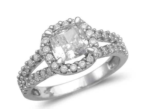 NEW 14K WHITE GOLD LADIES FANCY WHITE CUSHION CUT HALO SOLITAIRE RING (1 of 2)