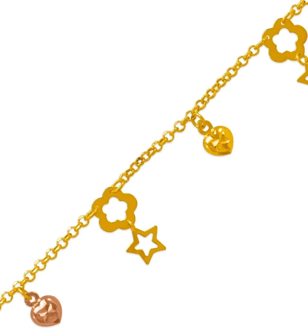 NEW 14K TRI COLOR GOLD HEART STAR CHARM ANKLET: NEW 14K TRI COLOR GOLD CHARM ANKLET 14K Tri color Gold Approx. 2.2mm Link Approx. 8.5mm Charm 10" Long High Polished/Diamond Cut Lobster Lock Weight: 3.4 Grams