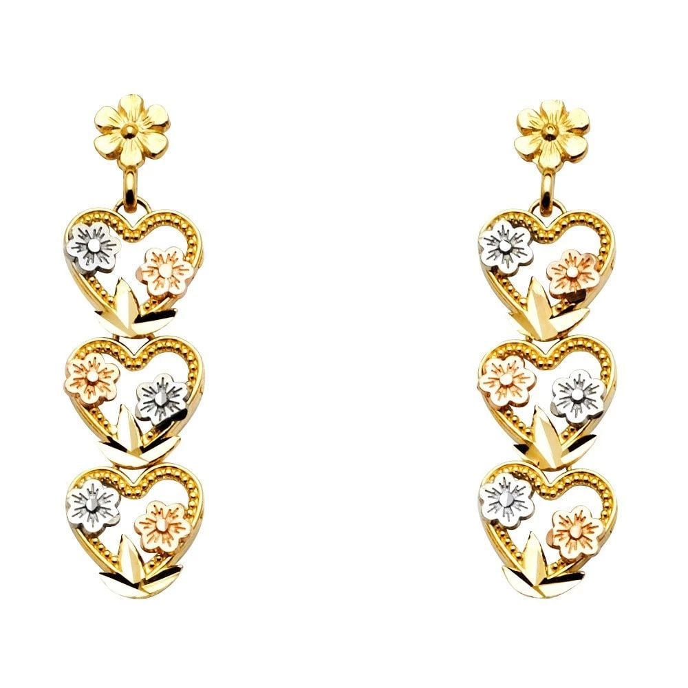 NEW 14K TRI COLOR GOLD DANGLE HEART POST EARRINGS (1 of 2)