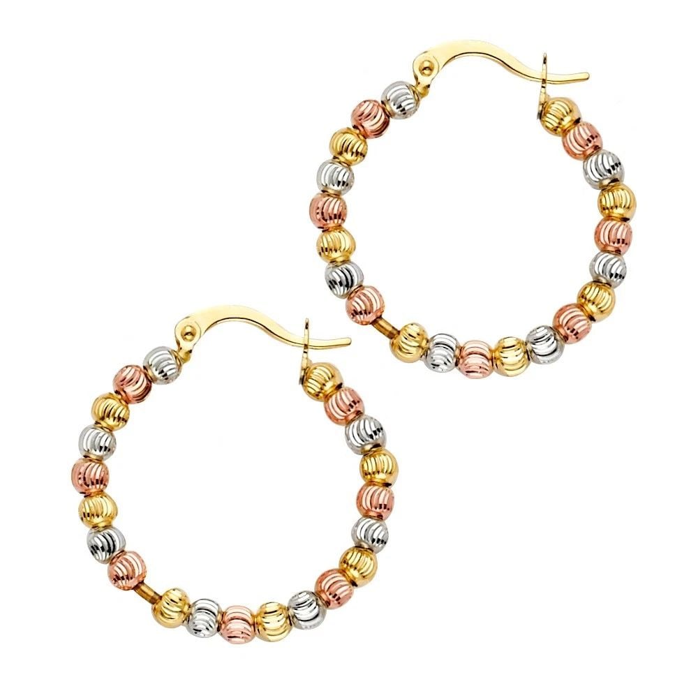 NEW 14K TRI COLOR GOLD MOON-CUT BEAD HOOP EARRINGS: NEW 14K TRI COLOR GOLD MOON-CUT BEAD HOOP EARRINGS MOON-CUT BEAD HOOP EARRINGS NEW 14K TRI COLOR GOLD Height : 25 mm Width : 25 mm Weight : 3.8g