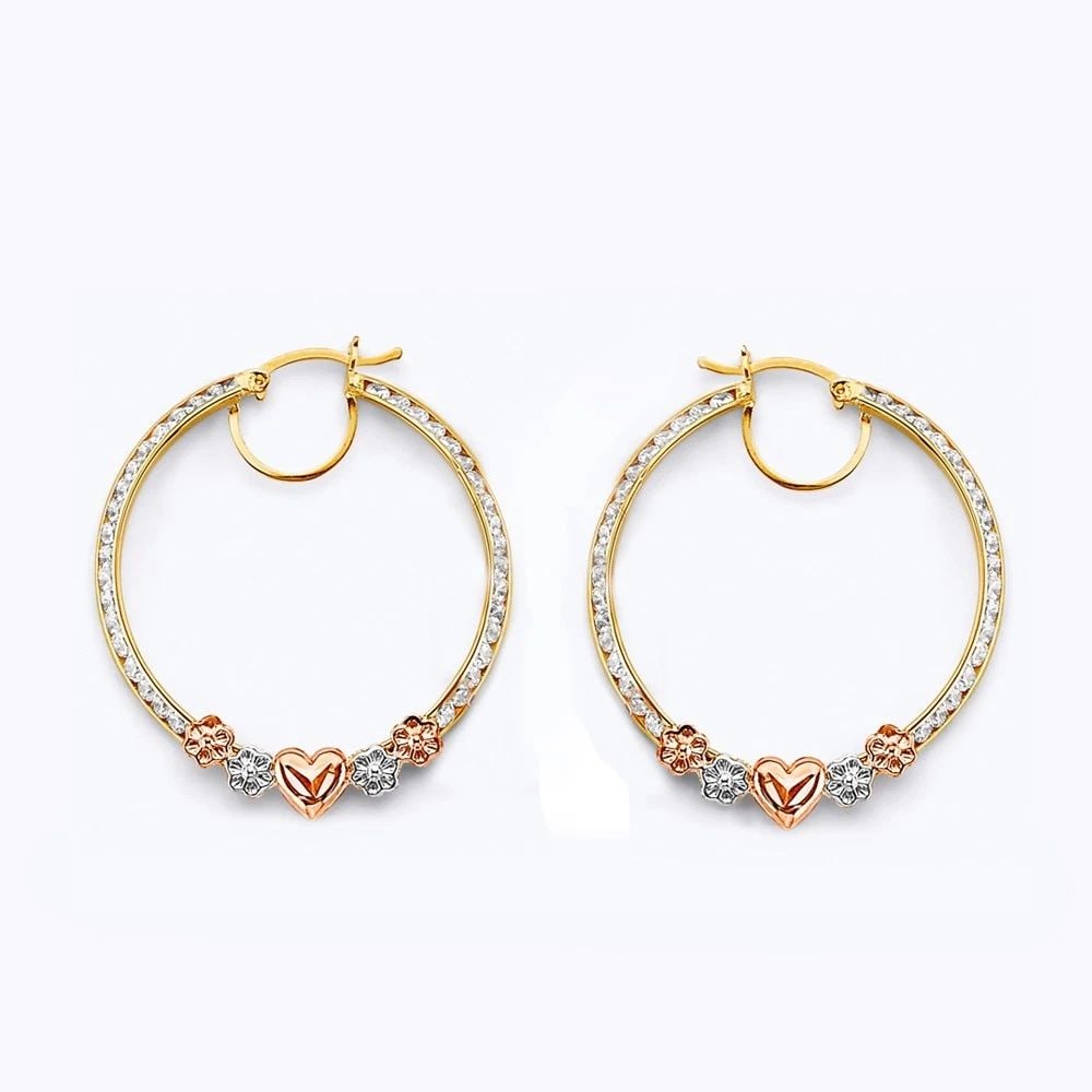 NEW 14K TRI COLOR GOLD FLOWER & HEART HOOP EARRINGS: NEW 14K TRI COLOR GOLD FLOWER & HEART HOOP EARRINGS FLOWER & HEART HOOP EARRINGS NEW 14K TRI COLOR GOLD HEIGHT - 32 mm WIDTH - 32 mm Apx WEIGHT - 3.8 g