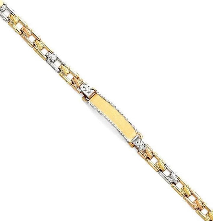 NEW 14K TRI COLOR GOLD LIGHT STAMPATO ID BRACELET FOR KIDS: NEW 14K TRI COLOR GOLD LIGHT STAMPATO ID BRACELET FOR KIDS LIGHT STAMPATO ID BRACELET FOR KIDS NEW 14K TRI COLOR GOLD LENGTH - 6in Apx WEIGHT - 4.9g