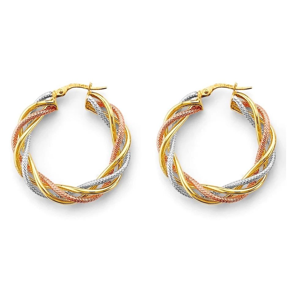 NEW 14K TRI COLOR GOLD BRAIDED HOLLOW HOOP EARRINGS: NEW 14K TRI COLOR GOLD BRAIDED HOLLOW HOOP EARRINGS BRAIDED HOLLOW HOOP EARRINGS NEW 14K TRI COLOR GOLD HEIGHT - 30 mm WIDTH - 30 mm Apx WEIGHT - 3.7 g