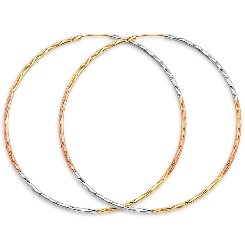 NEW 14K TRI COLOR GOLD 1.8MM TUBE DC ENDLESS HOOP EARRINGS: NEW 14K TRI COLOR GOLD 1.8MM TUBE DC ENDLESS HOOP EARRINGS 1.8MM TUBE DC ENDLESS HOOP EARRINGS NEW 14K TRI COLOR GOLD HEIGHT - 65 mm WIDTH - 65 mm Apx WEIGHT - 3.7 g
