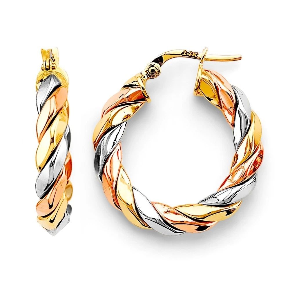 NEW 14K TRI COLOR GOLD BRAIDED HOOP EARRINGS: NEW 14K TRI COLOR GOLD BRAIDED HOOP EARRINGS BRAIDED HOOP EARRINGS NEW 14K TRI COLOR GOLD HEIGHT - 25 mm WIDTH - 25 mm Apx WEIGHT - 3.7 g