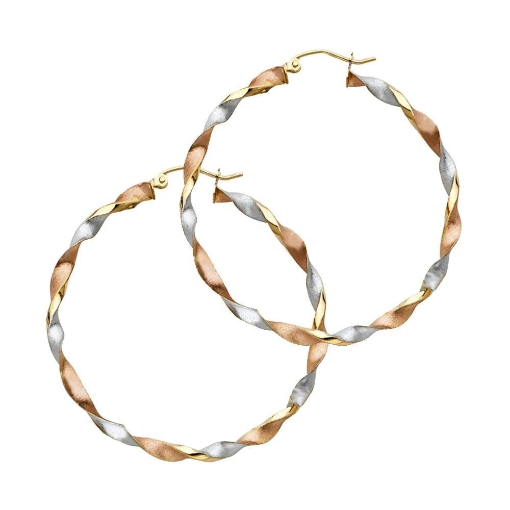 NEW 14K TRI COLOR GOLD CURLED HOLLOW HOOP EARRINGS: NEW 14K TRI COLOR GOLD CURLED HOLLOW HOOP EARRINGS CURLED HOLLOW HOOP EARRINGS NEW 14K TRI COLOR GOLD HEIGHT - 45 mm WIDTH - 45 mm Apx WEIGHT - 3.7 g