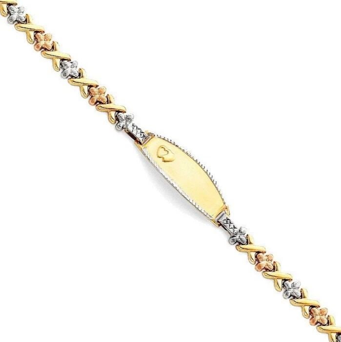 NEW 14K TRI COLOR GOLD LIGHT STAMPATO ID BRACELET FOR KIDS: NEW 14K TRI COLOR GOLD LIGHT STAMPATO ID BRACELET FOR KIDS LIGHT STAMPATO ID BRACELET FOR KIDS NEW 14K TRI COLOR GOLD LENGTH - 6in Apx WEIGHT - 4.8g