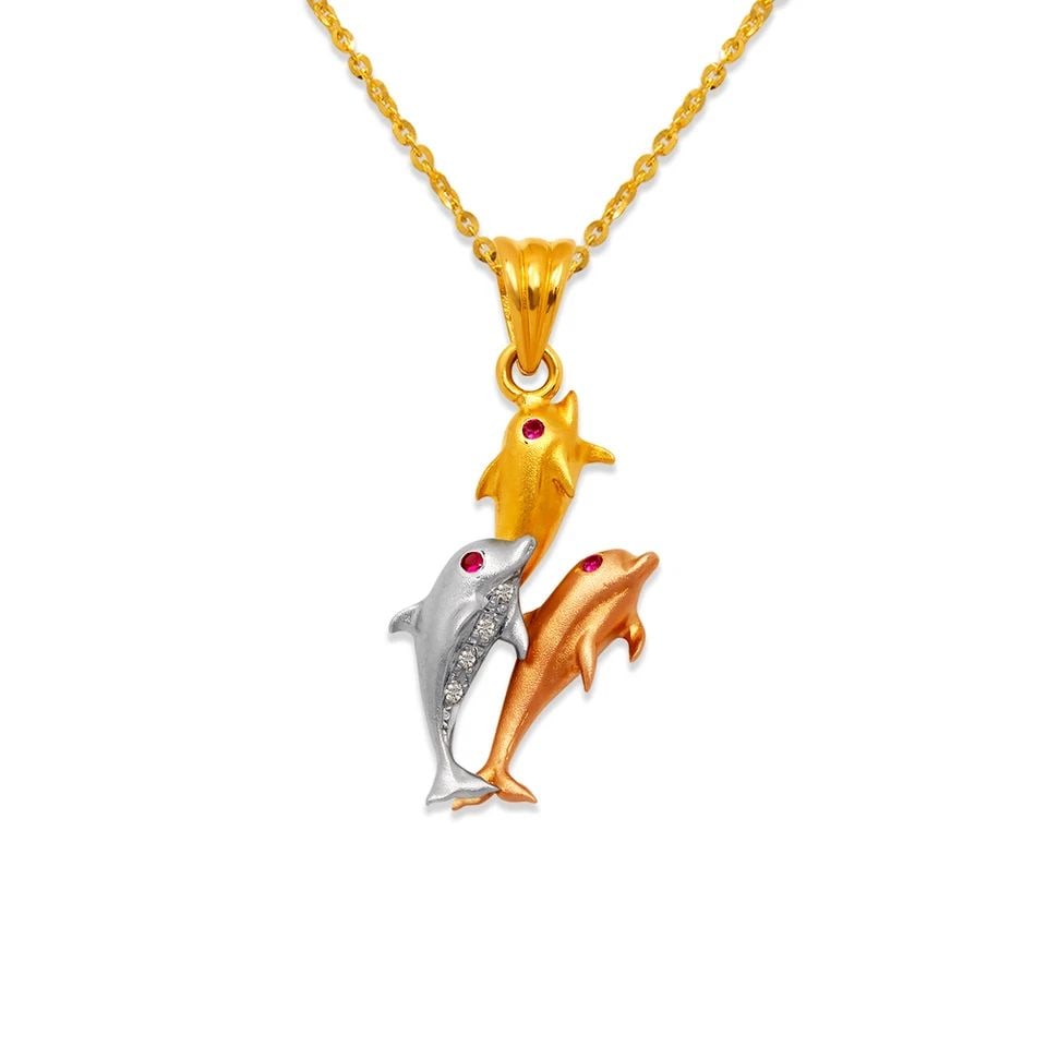 NEW 14K TRICOLOR GOLD FANCY TRIPLE DOLPHIN PENDANT (1 of 1)
