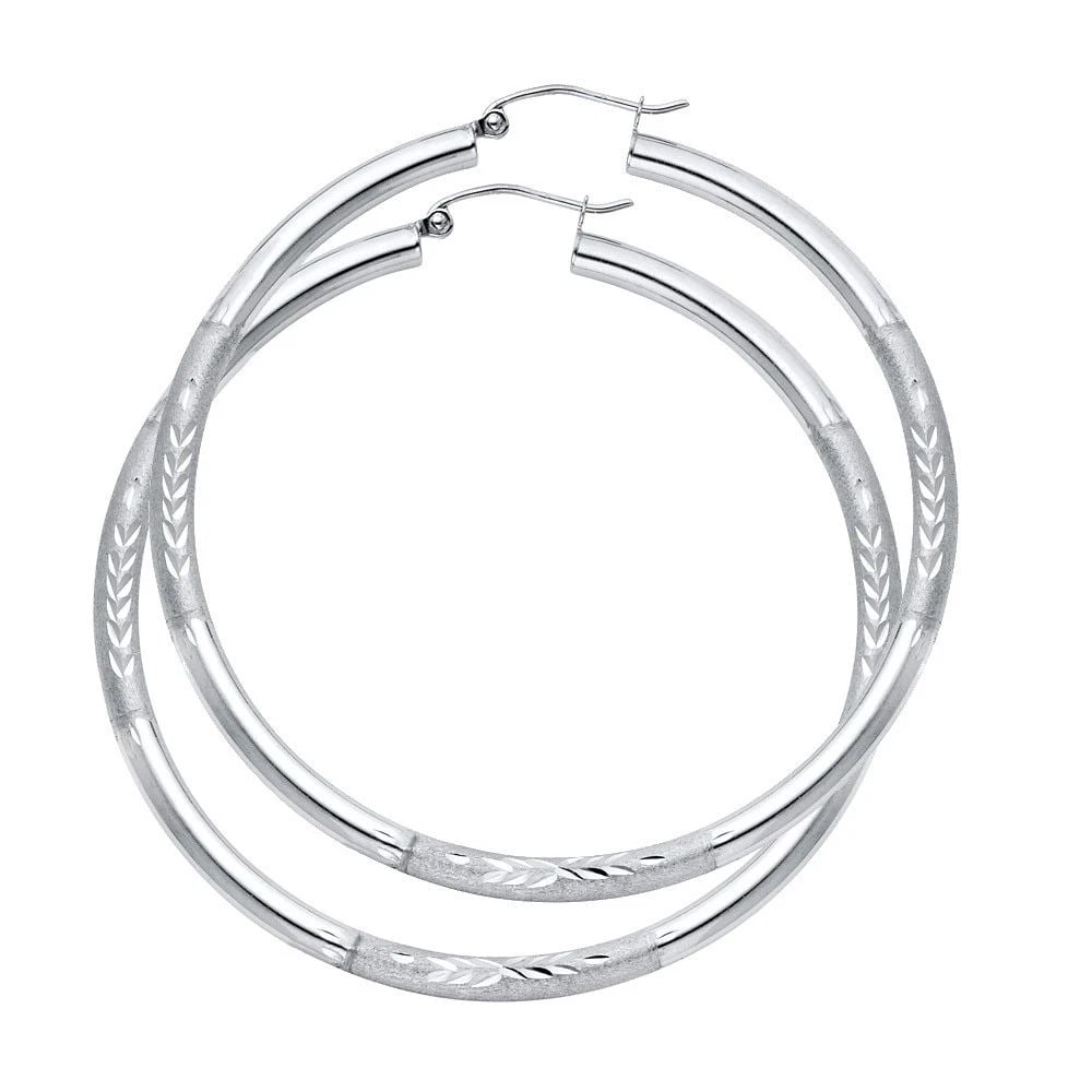 NEW 14K WHITE GOLD 3MM BUDDED DC HOOP EARRINGS: NEW 14K WHITE GOLD 3MM BUDDED DC HOOP EARRINGS 3MM BUDDED DC HOOP EARRINGS NEW 14K WHITE GOLD Height : 55 mm Width : 55 mm Weight : 3.6g