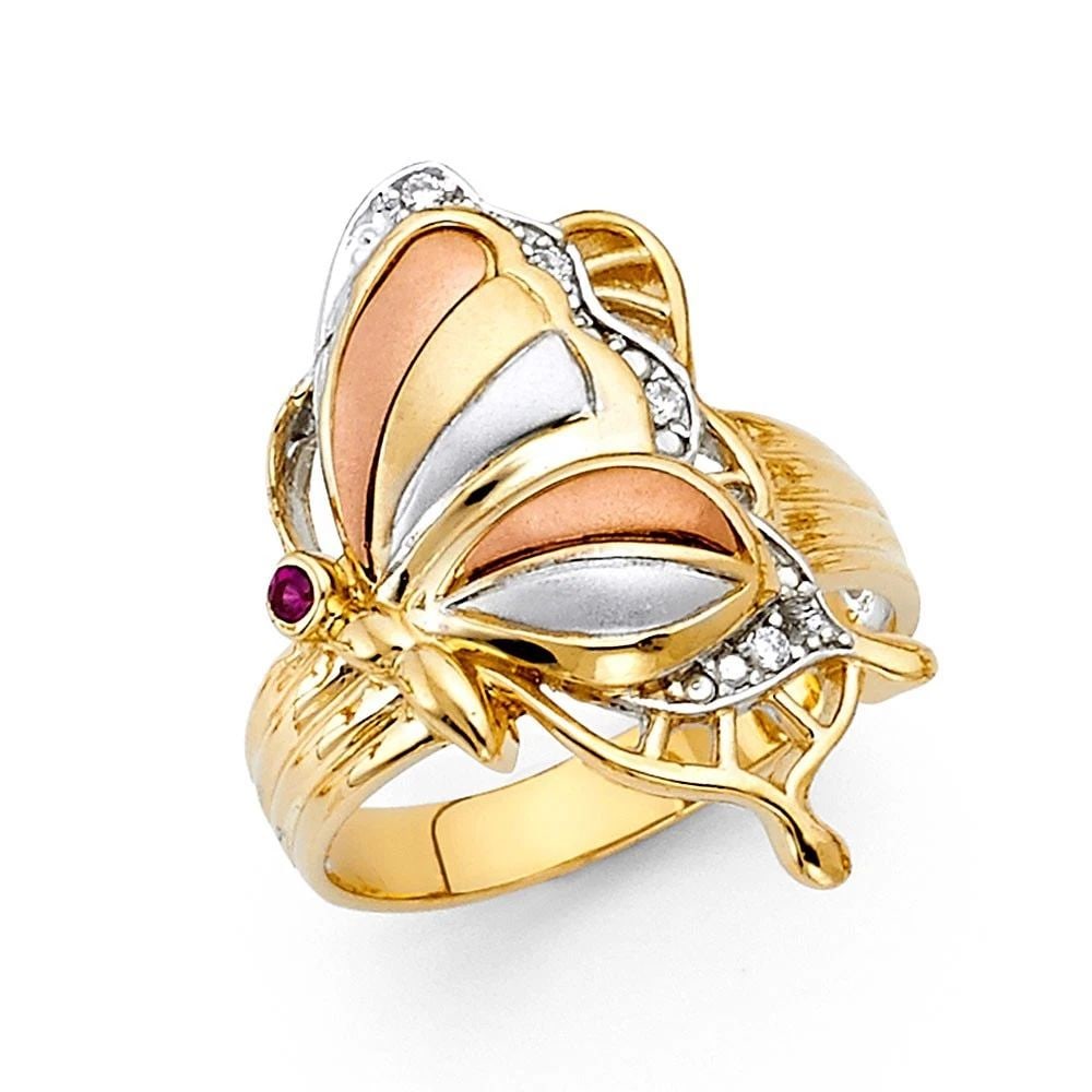 NEW 14K TRI COLOR GOLD FANCY BUTTERFLY RING: NEW 14K TRI COLOR GOLD FANCY BUTTERFLY RING FANCY BUTTERFLY RING NEW 14K TRI COLOR GOLD WIDTH : 25 mm WEIGHT : 4.8g