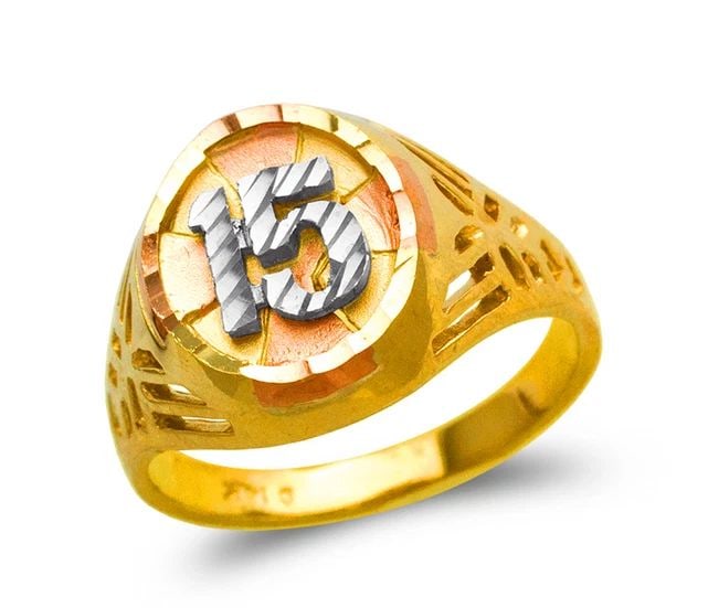 NEW 14K TRICOLOR GOLD LADIES 15 ANOS FILIGREE RING: NEW 14K TRICOLOR GOLD LADIES 15 ANOS FILIGREE RING LADIES 15 ANOS FILIGREE RING NEW 14K TRICOLOR GOLD SIZE Apx: 14mm Apx. WEIGHT: 4.7g