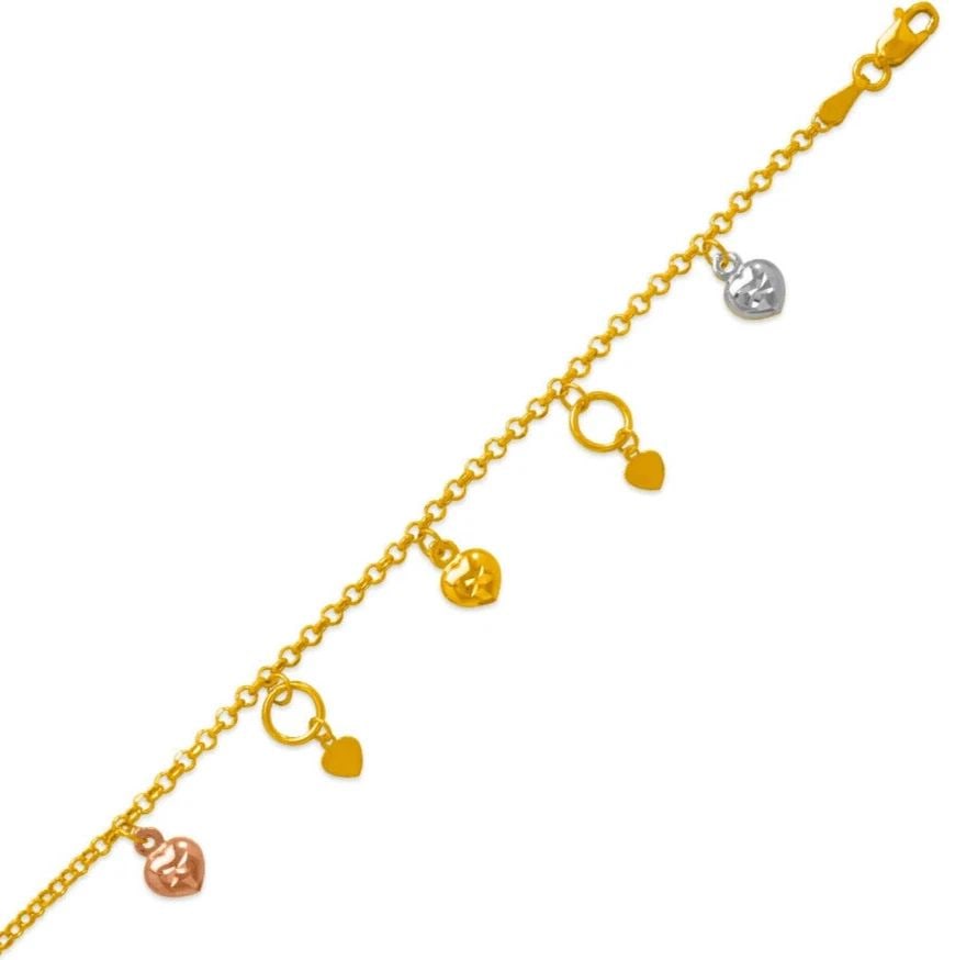 NEW 14K TRI COLOR GOLD CHARM HEART ANKLET: NEW 14K TRI COLOR GOLD CHARM ANKLET 14K Tri color Gold 10" Long Approx. 2.2mm wide Approx. 8.5mm Charm High Polished/Diamond Cut Lobster Lock Weight: 3.2 Grams