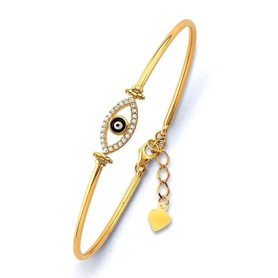 NEW 14K YELLOW GOLD ADJUSTABLE EVIL EYE OVAL BANGLE: NEW 14K YELLOW GOLD ADJUSTABLE EVIL EYE OVAL BANGLE ADJUSTABLE EVIL EYE OVAL BANGLE NEW 14K YELLOW GOLD LENGTH - 7in Apx WEIGHT - 3.4g