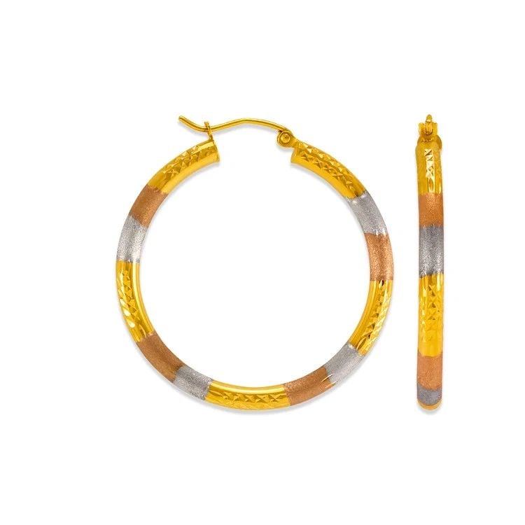 NEW 14K TRICOLOR GOLD 3MM ROUND TUBE D/C HOOP EARRINGS: NEW 14K TRICOLOR GOLD 3MM ROUND TUBE D/C HOOP EARRINGS 3MM ROUND TUBE D/C HOOP EARRINGS NEW 14K TRICOLOR GOLD Width: Approx. 3mm Apx WEIGHT: 2.7g
