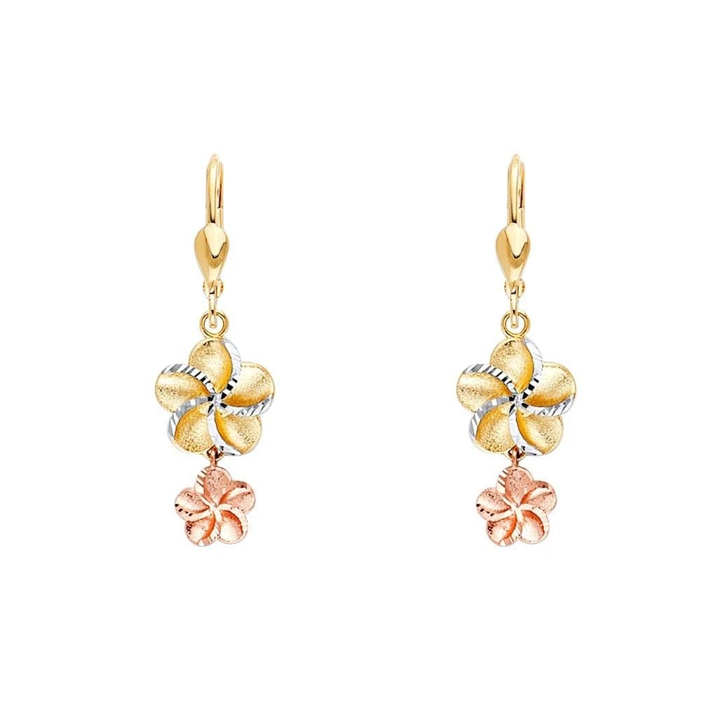 NEW 14K TRI COLOR GOLD HAWAIIAN FLOWER LEVER BACK EARRINGS: NEW 14K TRI COLOR GOLD HAWAIIAN FLOWER LEVER BACK EARRINGS HAWAIIAN FLOWER LEVER BACK EARRINGS NEW 14K TRI COLOR GOLD HEIGHT - 35 mm WIDTH - 10 mm Apx WEIGHT - 3.4 g