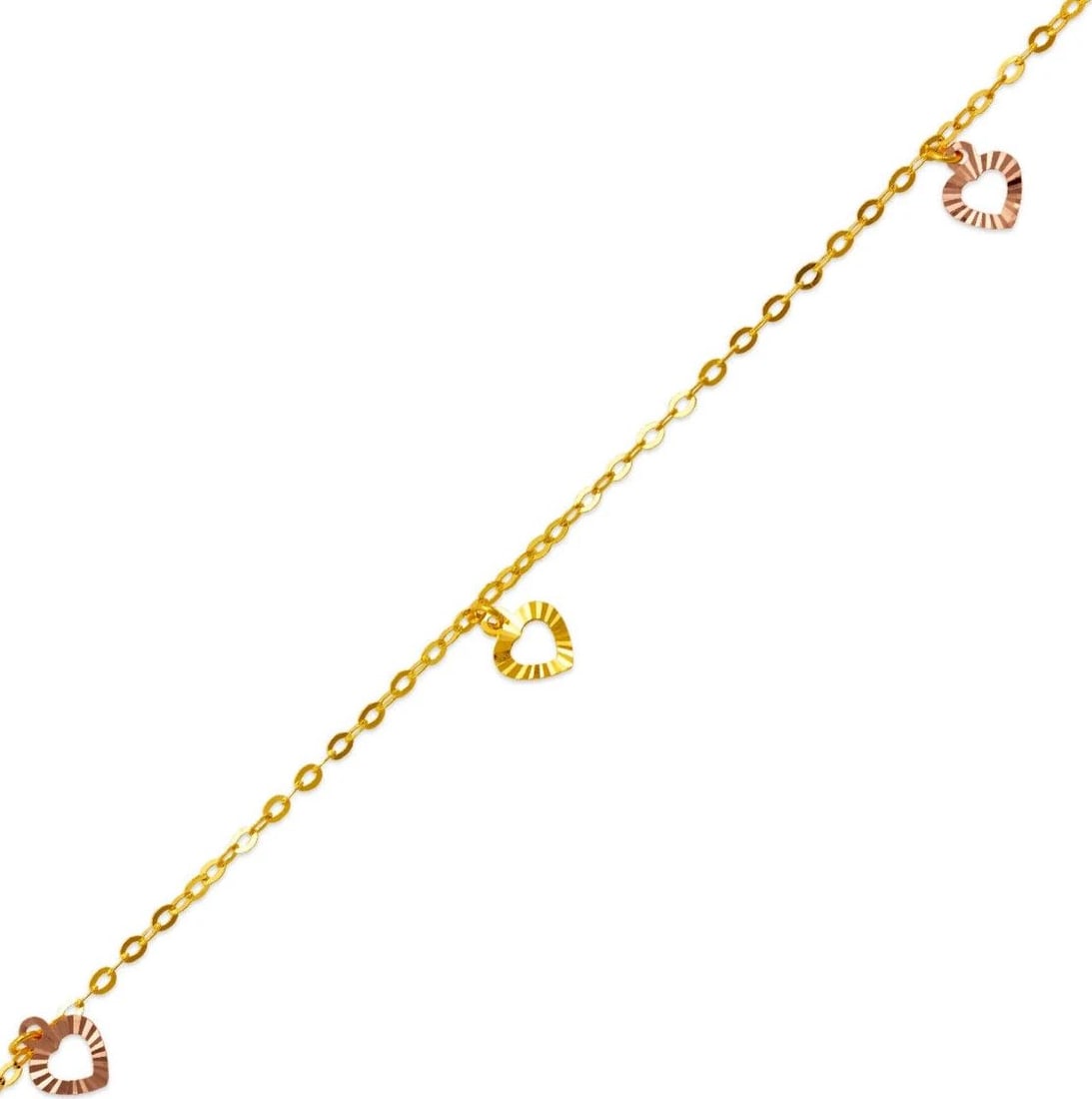 NEW 14K TRI COLOR GOLD HEART CHARM ANKLET: NEW 14K TRI COLOR GOLD HEART CHARM ANKLET 14K Tri color Gold Approx. 2.0mm Bracelet, 10mm Charms High Polished Lobster Lock Weight: 2.2 Grams