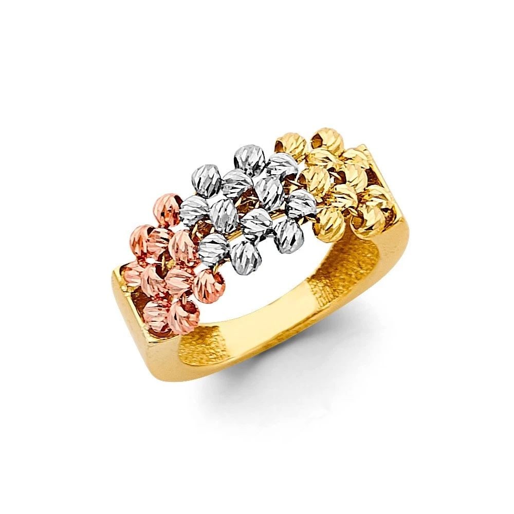 NEW 14K TRI COLOR GOLD FANCY BALL RING - SIZE 10: NEW 14K TRI COLOR GOLD FANCY BALL RING FANCY BALL RING NEW 14K TRI COLOR GOLD WIDTH : WEIGHT : 4.3g