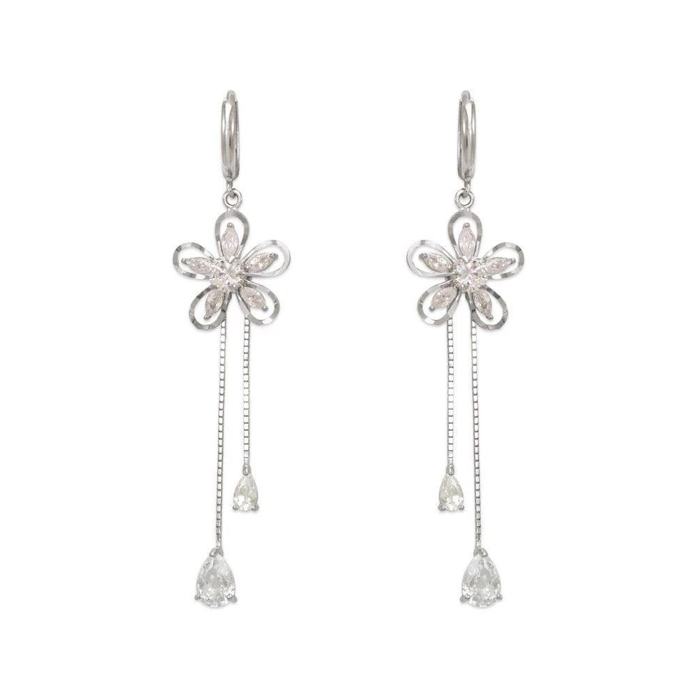 NEW 14K WHITE GOLD FANCY FLOWER DANGLING EARRINGS (1 of 2)