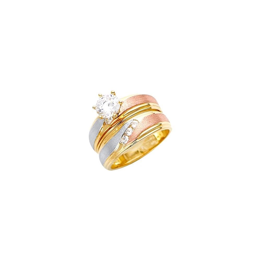 NEW 14K TRI COLOR GOLD ENGAGEMENT RING/TRIO SET - SIZE 10: NEW 14K TRI COLOR GOLD CZ ENGAGEMENT RING/TRIO SET CZ ENGAGEMENT RING/TRIO SET NEW 14K TRI COLOR GOLD WIDTH : WEIGHT : 4.3g