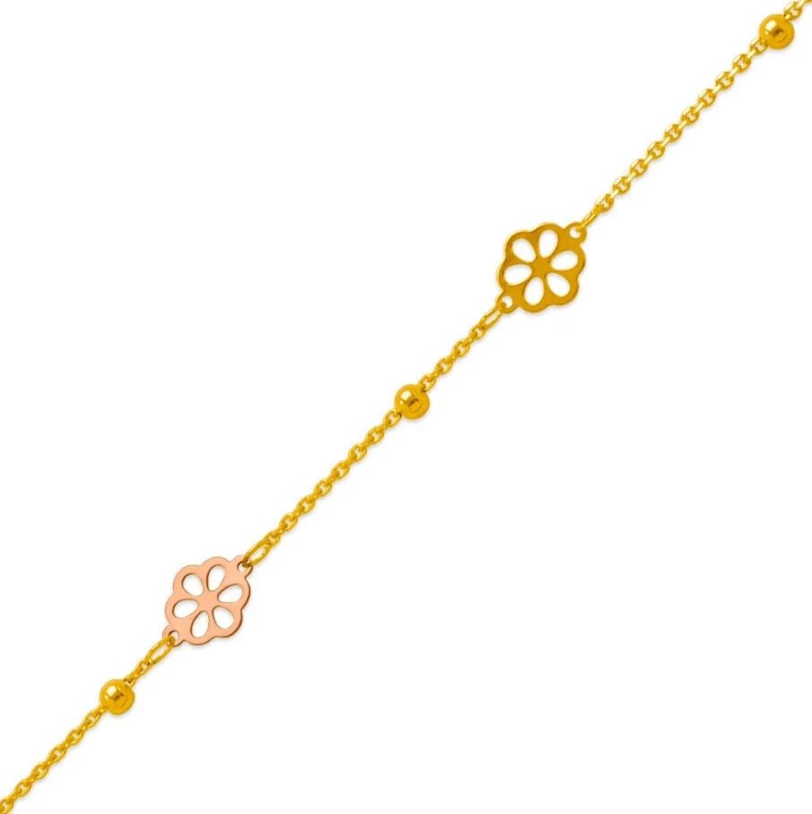 NEW 14K TRI COLOR GOLD FLOWER CHARM ANKLET: NEW 14K TRI COLOR GOLD CHARM ANKLET 14K Tri color Gold Approx. 1.5mm Link Approx. 8mm Charm 10" Long High Polished Lobster Lock Weight: 2.9 Grams