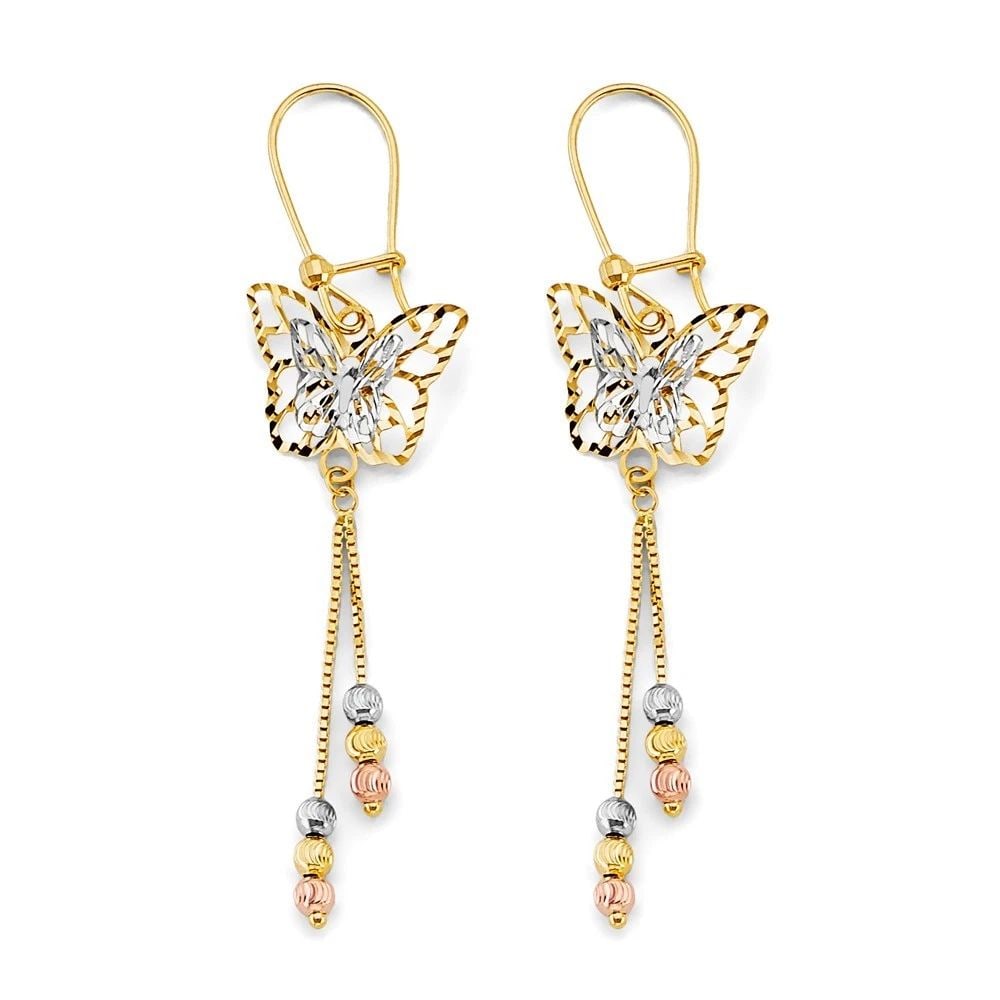 NEW 14K TRI COLOR GOLD HANGING BUTTERFLY EARRINGS: NEW 14K TRI COLOR GOLD HANGING BUTTERFLY EARRINGS HANGING BUTTERFLY EARRINGS NEW 14K TRI COLOR GOLD HEIGHT - 60 mm WIDTH - 15 mm Apx WEIGHT - 3.2 g