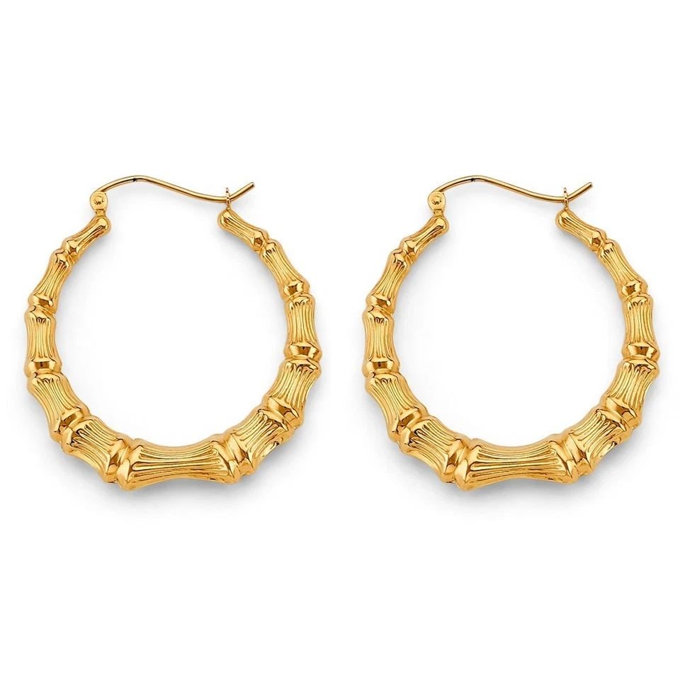 NEW 14K YELLOW GOLD BAMBOO HOLLOW HOOP EARRINGS: NEW 14K YELLOW GOLD BAMBOO HOLLOW HOOP EARRINGS BAMBOO HOLLOW HOOP EARRINGS NEW 14K YELLOW GOLD HEIGHT - 35 mm WIDTH - 32 mm Apx WEIGHT - 3.2 g