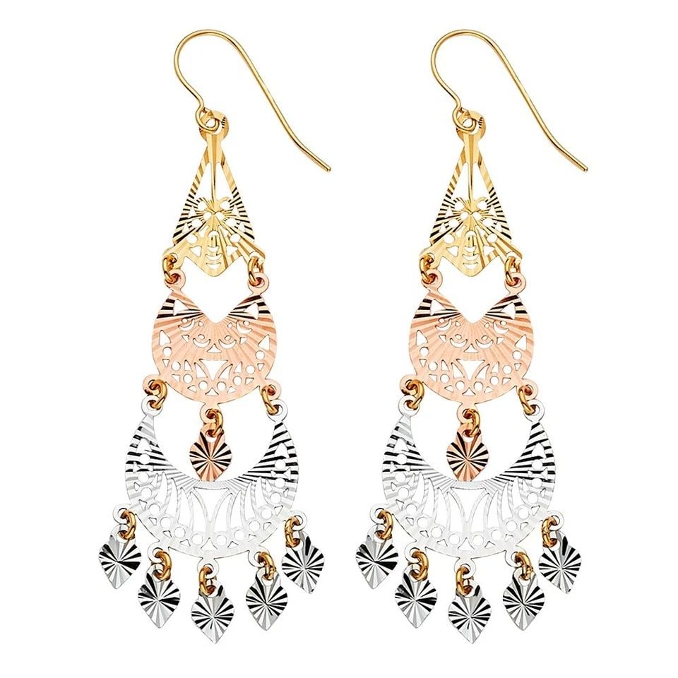 NEW 14K TRI COLOR GOLD FILIGREE CHANDELIER EARRINGS (1 of 1)