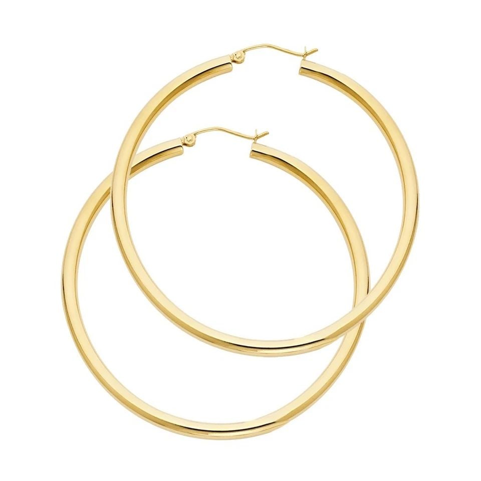 NEW 14K YELLOW GOLD 3MM PLAIN HOOP EARRINGS: NEW 14K YELLOW GOLD 3MM PLAIN HOOP EARRINGS 3MM PLAIN HOOP EARRINGS NEW 14K YELLOW GOLD HEIGHT - 45 mm WIDTH - 45 mm Apx WEIGHT - 3.1 g