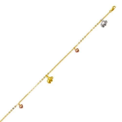 NEW 14K TRI COLOR GOLD ELEPHANT HEART CHARM ANKLET: NEW 14K TRI COLOR GOLD ELEPHANT HEART CHARM ANKLET 14K Tri color Gold Approx. 2.0mm Bracelet, 10mm Charms 10" Long High Polished Lobster Lock Weight: 2.8 Grams
