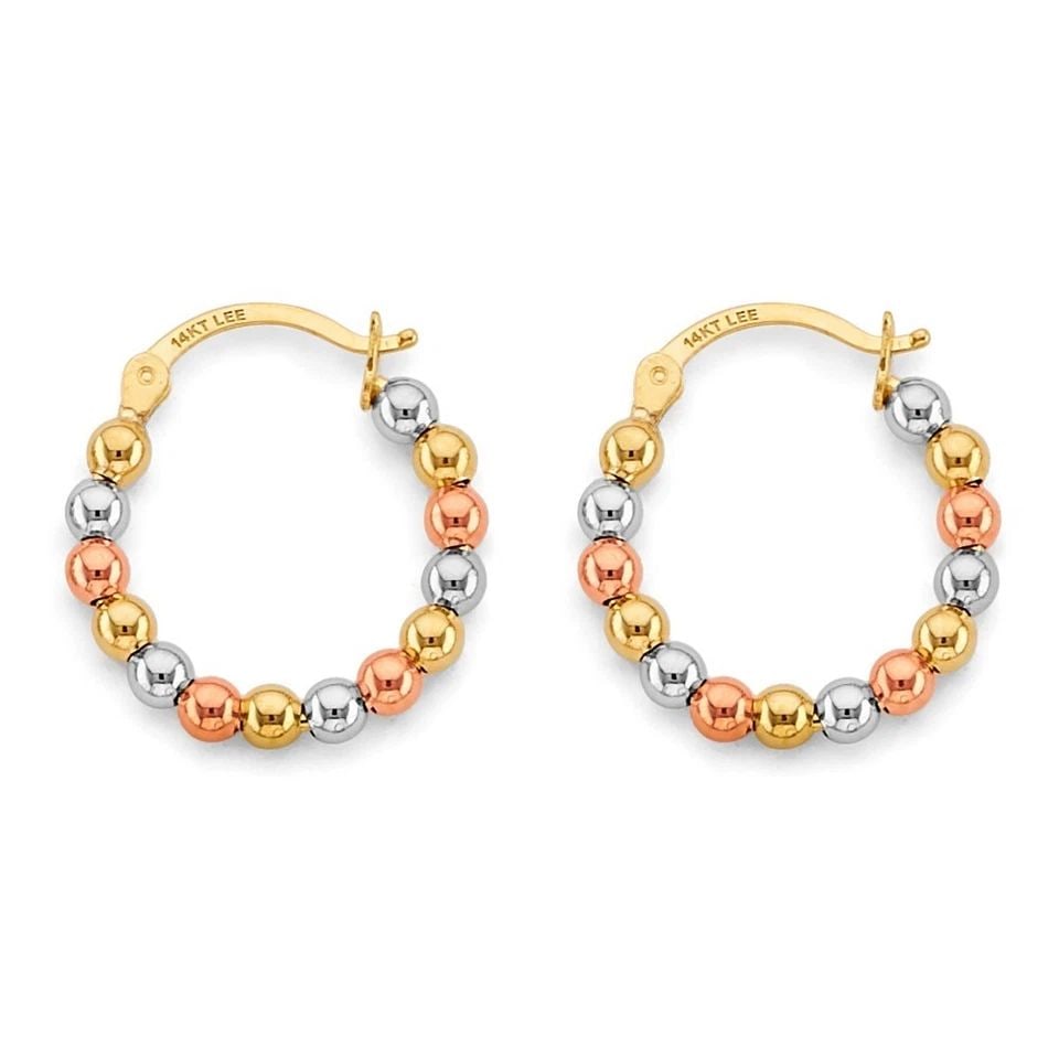 NEW 14K TRI COLOR GOLD POLISH BEAD HOOP EARRINGS: NEW 14K TRI COLOR GOLD POLISH BEAD HOOP EARRINGS POLISH BEAD HOOP EARRINGS NEW 14K TRI COLOR GOLD Height : 20 mm Width : 20 mm Weight : 3.1g