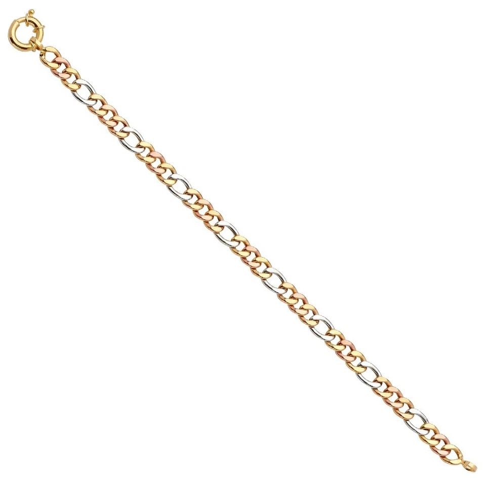 NEW 14K TRI COLOR GOLD FANCY HOLLOW FIGARO BRACELET: NEW 14K TRI COLOR GOLD FANCY HOLLOW FIGARO BRACELET FANCY HOLLOW FIGARO BRACELET NEW 14K TRI COLOR GOLD LENGTH - 7.5in Apx WEIGHT - 4g