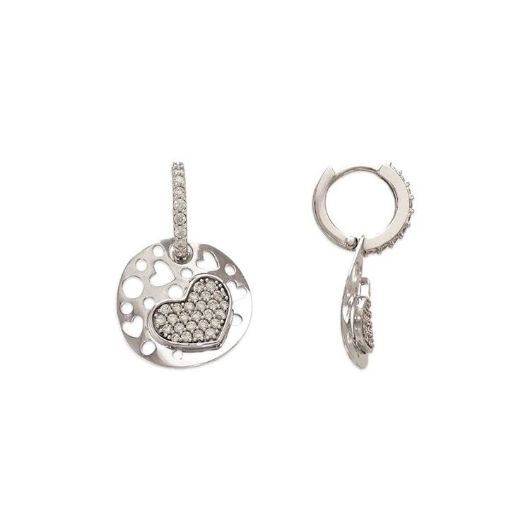 NEW 14K WHITE GOLD FANCY HEART DISC HUGGIE EARRINGS (1 of 1)