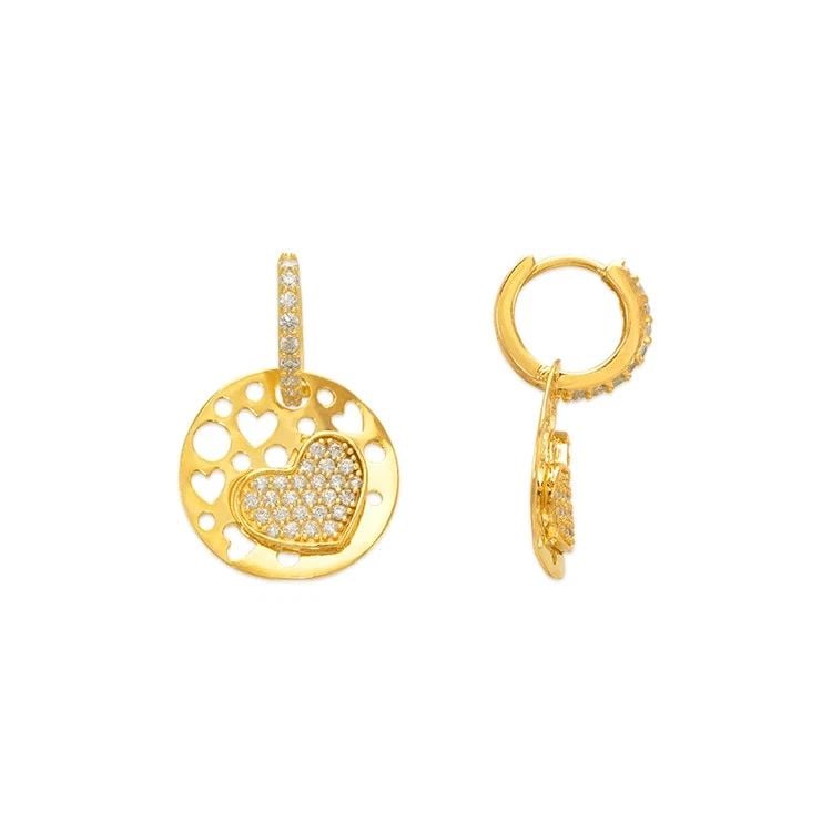 NEW 14K YELLOW GOLD FANCY HEART DISC HUGGIE EARRINGS (1 of 1)