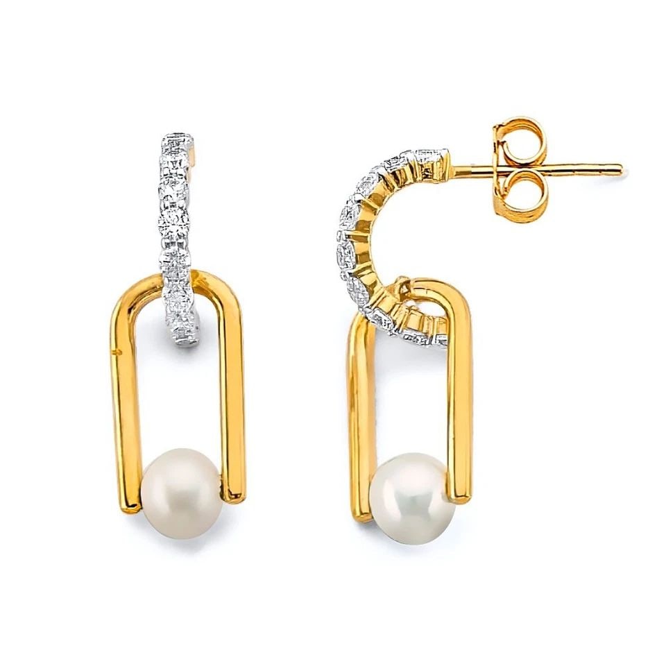 NEW 14K TWO TONE GOLD PEARL PUSH BACK EARRINGS (1 of 1)