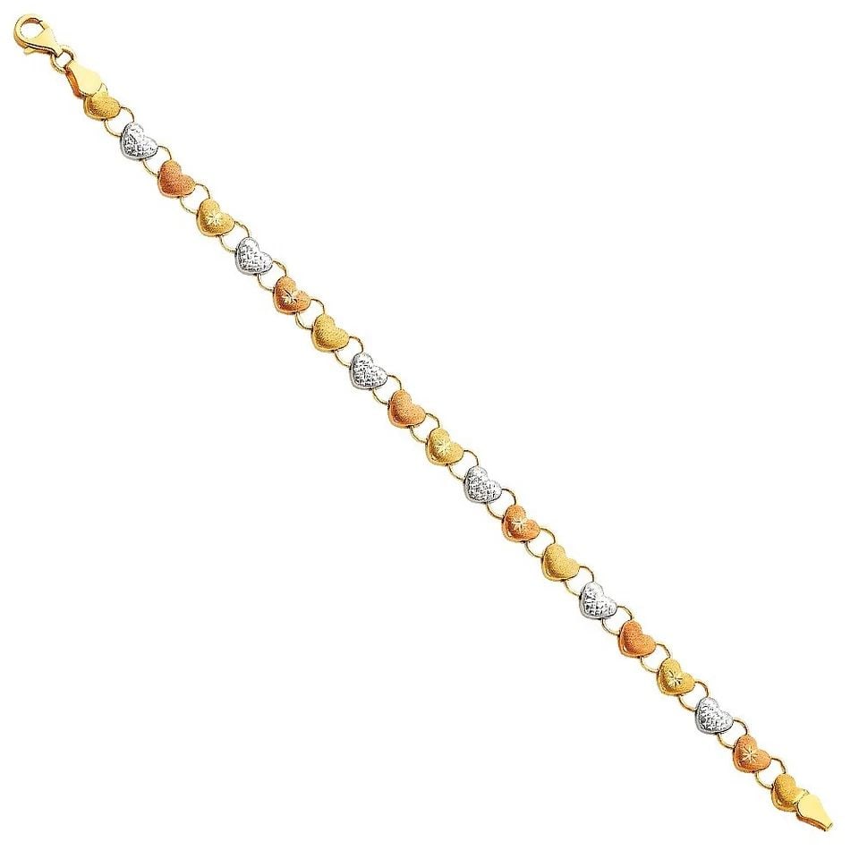 NEW 14K TRI COLOR GOLD LIGHT STAMPATO HEART BRACELET: NEW 14K TRI COLOR GOLD LIGHT STAMPATO BRACELET LIGHT STAMPATO BRACELET NEW 14K TRI COLOR GOLD LENGTH - 7.25in Apx WEIGHT - 3.9g
