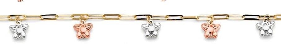NEW 14K TRI COLOR GOLD BUTTERFLY CHARM LINK BRACELET (1 of 1)