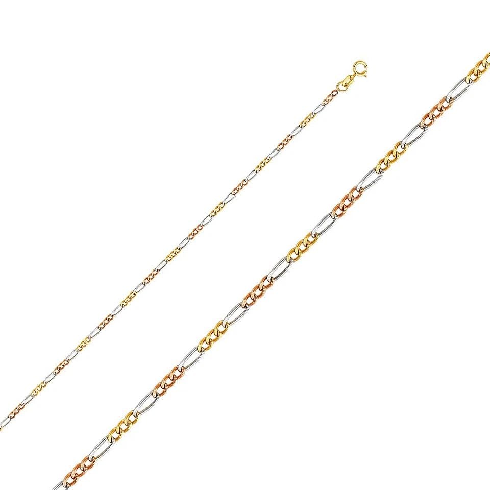 NEW 14K TRI COLOR GOLD 1.8MM FIGARO 3+1 CONCAVE CHAIN: 14K TRI COLOR GOLD FIGARO 3+1 CONCAVE CHAIN FIGARO 3+1 CONCAVE CHAIN NEW 14K TRI COLOR GOLD WIDTH: mm AVERAGE Apx WEIGHT: 2.6g