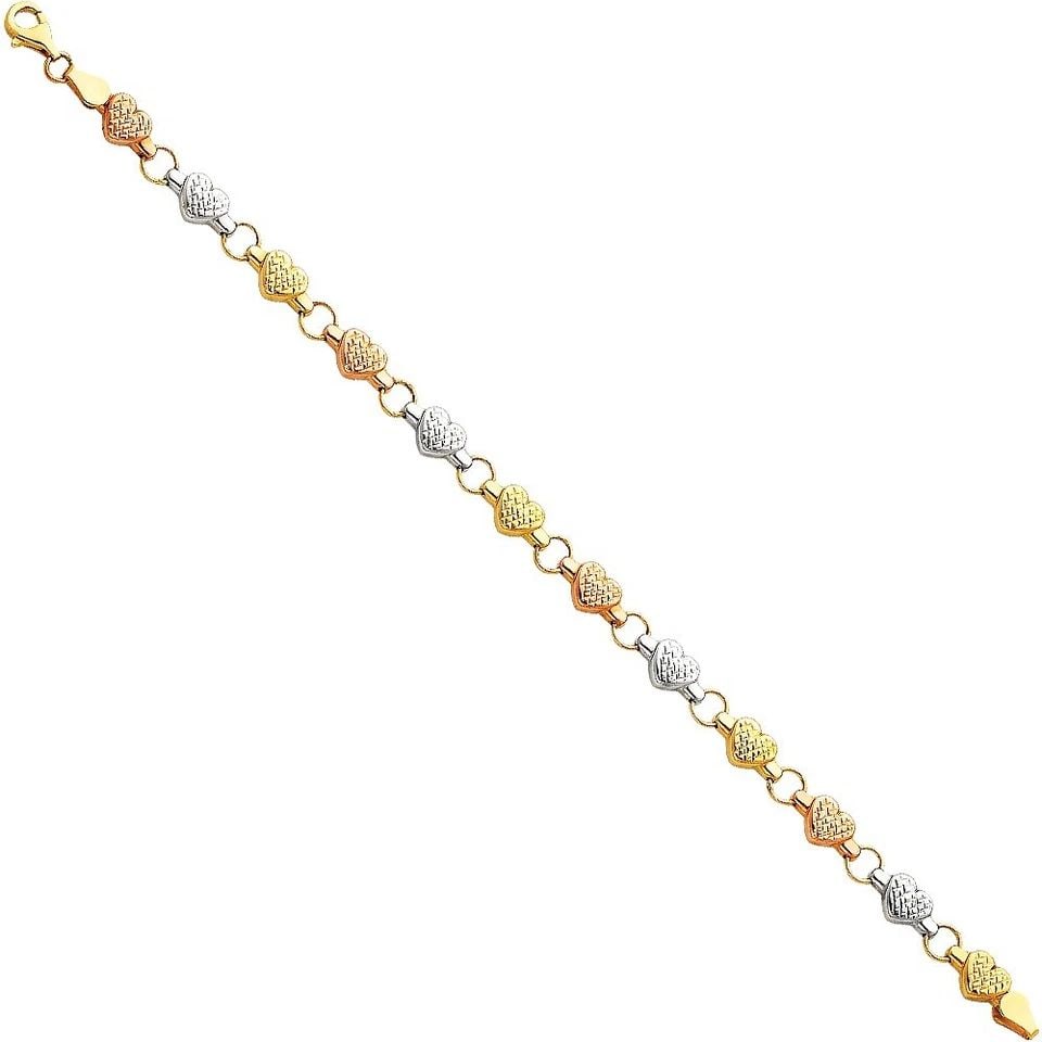 NEW 14K TRI COLOR GOLD LIGHT STAMPATO HEART BRACELET: NEW 14K TRI COLOR GOLD LIGHT STAMPATO BRACELET LIGHT STAMPATO BRACELET NEW 14K TRI COLOR GOLD LENGTH - 7.25in Apx WEIGHT - 3.7g