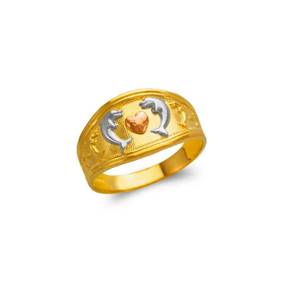 NEW 14K TRICOLOR GOLD LADIES HEART AND DOLPHINS FILIGREE RING (1 of 1)